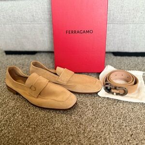 Salvatore Ferragamo Beige Suede Men's Loafers - Crystal PLUS matching belt